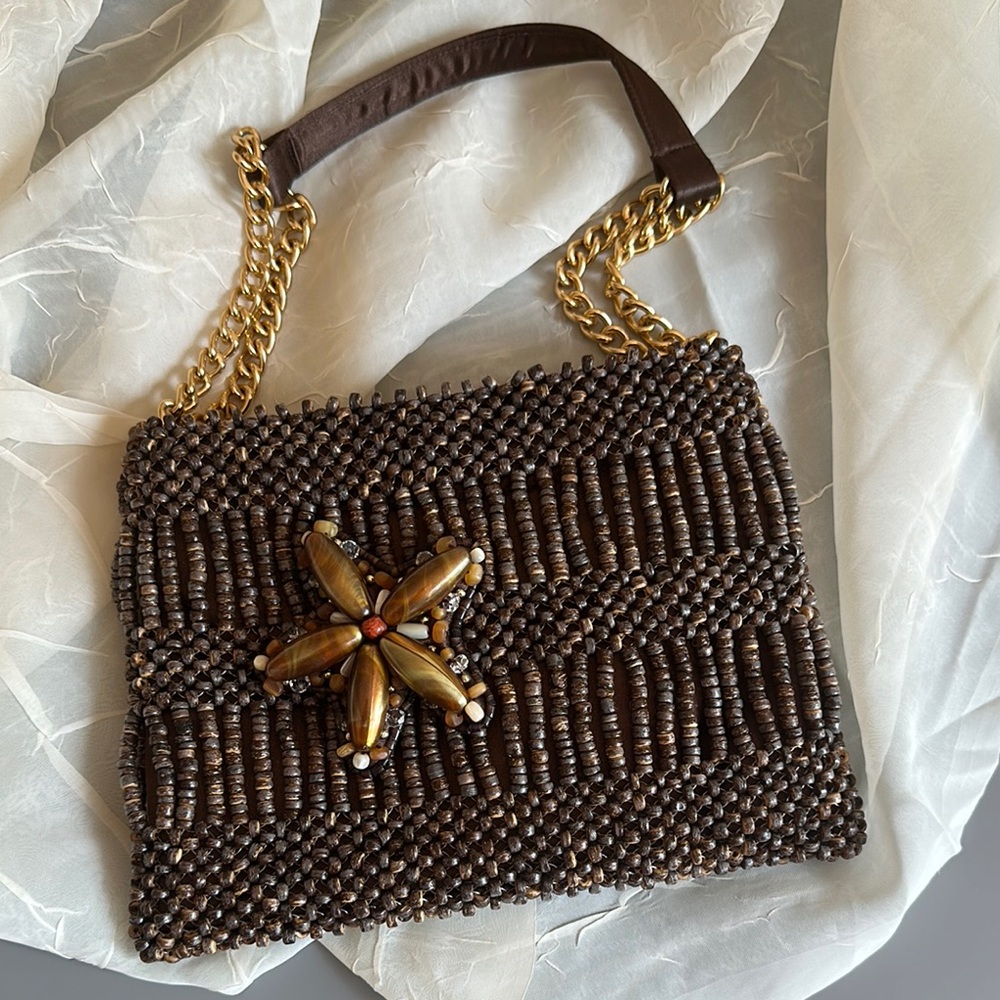 Wood Beaded Handbag purse with gold chain , mini bag